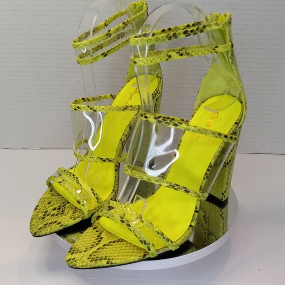 New w/o Box - Snakeskin Neon Yellow Chunky Heel - Ankle Strap - Clear Vamps - Picture 4 of 15